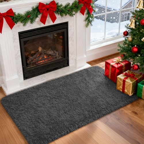 Merelax Fluffy Shaggy Small Area Rug, Dark Grey 2x3 Doormat Door Rugs for Bedside Christmas Decor, Mini Fuzzy Plush Throw Rug, Soft Non-Slip Entryway Shag Catpet for Livingroom Holiday Home Aesthetic - color: Dark Grey, size: 2' x 3' (Rectangular)