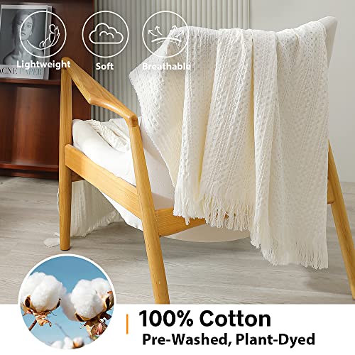 Simple&Opulence 100% Cotton Throw Blanket for Couch, Bed, Waffle Weave Cable Knit Blanket with Tassels, Soft Lightweight Pre-Washed Breathable Cozy Blanket Farmhouse Decoration for All-Season (White) - color: White