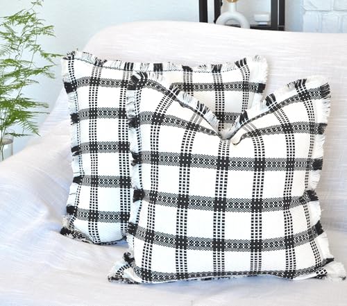Checkered Throw Pillow Covers with Fringe Set of 2 Woven Cotton Plaid Cushion Covers With Tassels Trim Edge Square Pillow Cases Classic Scandinavian Cottagecore Checks Pattern Black and White 18x18 - color: Black, size: 18" x 18" (Pack of 2)