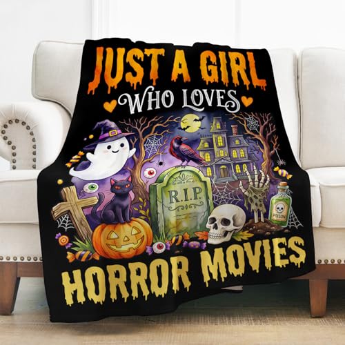 Levens Cute Spooky Horror Movie Fan Girl Flannel Throw Blanket 50x60 | Soft Lightweight Cozy Decorative Funny Halloween Blanket for Gift, Living Room, Couch, Dorm, Office, Car, Camping, Nap - color: Spooky Horror Fan Girl, size: 50"x60"