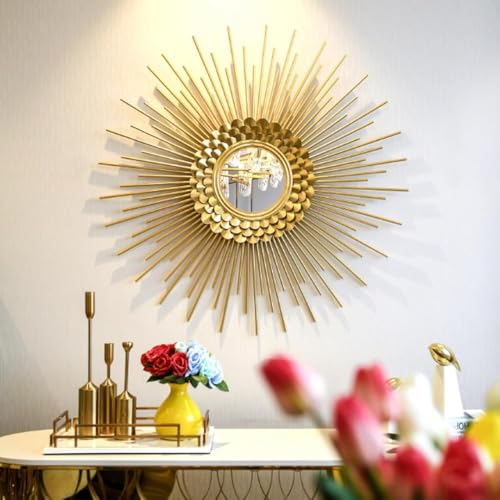 31 Inch Gold Sunburst Wall Mirror, Boho Round Mirror for Living Room/Bedroom/Bathroom/Entryway - Modern Decorative Mirror Home Decor - size: 31"L x 31"W