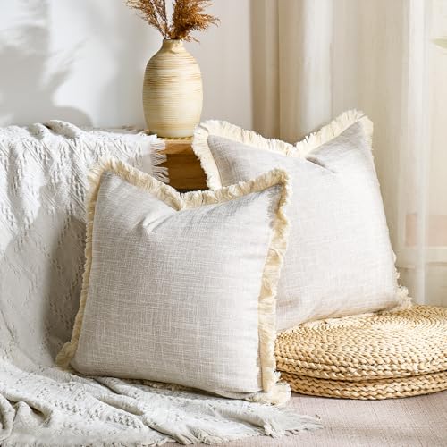 Faux Linen Fringe Decorative Throw Pillow Covers 18x18 Inch Set of 2 Beige Burlap Boho Farmhouse Pillowcases with Tassels Rustic Woven Textured Cushion Cases for Sofa Bed Living Room Home Decor - color: Beige, size: 18" x 18" (Pack of 2)