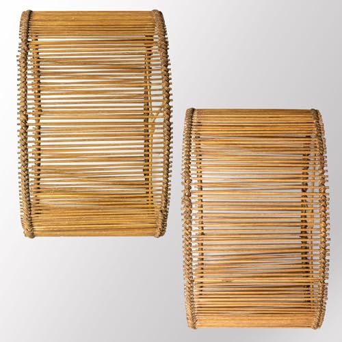 Boho Rattan Drum Lamp Shades Set of 2, Woven Bamboo Table and Bedside Lamp Shades(Spider Fitter), Easy Assembly - color: Brown