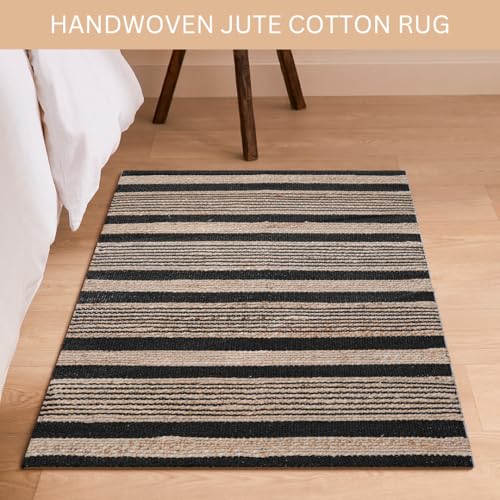 Area Rug Farmhouse 2x3 Feet - Hand Woven Jute Cotton Rug Bohemian Rustic Vintage - Non Slip Floor Rug for Bedroom Living Room Kitchen Dorm Entryway Hallway - Area Rug Natural Black - color: Natural Black, size: 2'x3'