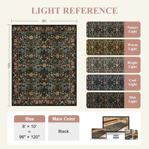 DUKINO 8x10 Area Rugs for Living Room, Vintage Floral Washable Rug with Non Slip Backing, Soft Low Pile & Non-Shedding Large Carpets for Bedroom, Farmhouse, Dining Room, Home Office, Black - color: Black, size: 8' x 10' (Rectangular)