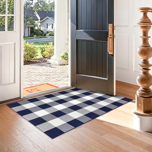 Buffalo Plaid Outdoor Rug 2.3 x 3.6 Ft Navy and White Checkered Rug Cotton Buffalo Plaid Rug Front Door Mat for Front Porch Farmhouse Entryway - color: Navy and White, size: 2.3‘×3.6’
