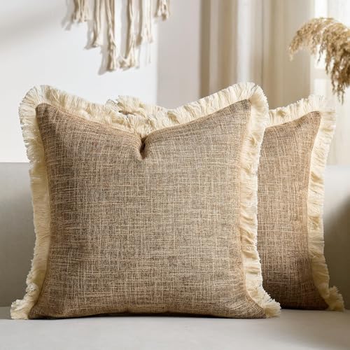 Couch Pillow Covers Accent Boho Decorative Fringe Throw Pillows Covers 20x20 Linen Khaki Cushion Case with Tassels for Bed Bedroom Boho Pillowcases Couch for Living Room Decor Set of 2 - color: Khaki, size: 20" x 20" (Pack of 2)