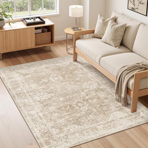 Madane 3x5 Area Rugs for Entryway,Washable Vintage Low Pile Non-Slip Throw Area Rugs, Accent Rug Floral Print Indoor Mat for Bedside Living Room Kitchen Bedroom, Beige/Brown - color: Beige/Brown, size: 3' x 5' (Rectangular)