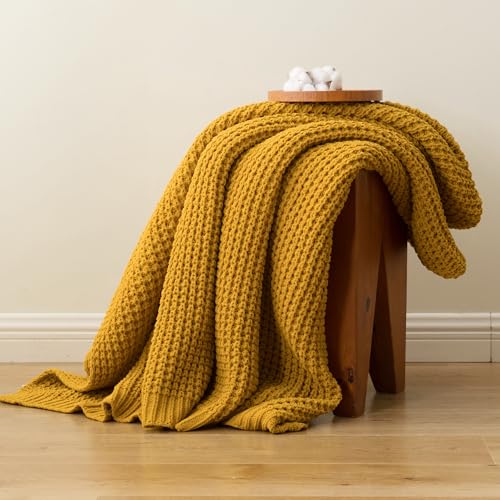 Bunnikins & Clover Knitted Waffle Throw Blanket 60x80 Inches, Mustard Yellow Throw Blanket for Couch, Soft Cozy Chenille Knit Blanket Warm Decorative Throw for Sofa - color: Mustard, size: 60"x80"