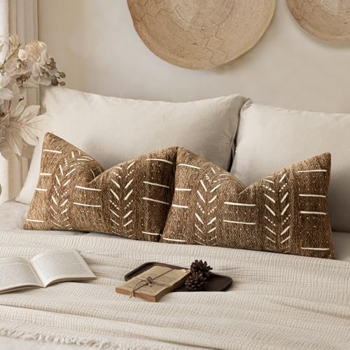 Home Décor Decorative Boho Chenille Throw Pillow Covers, Neutral Lumbar Cushion Covers, Textured Soft Farmhouse Pillowcase for Couch Sofa Bed Living Room, 12×20 Inch, Set of 2, Brown Orange - color: Lion, size: 20" x 12" (Pack of 2)