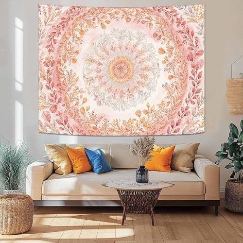 Wegklazax Watercolor Floral Mandala Tapestry, Soft Orange Botanical Wall Art for Room Decor, Cottagecore Aesthetic Home Decor 90" L x 70" W - color: Orange White, size: 90"L x 70"W