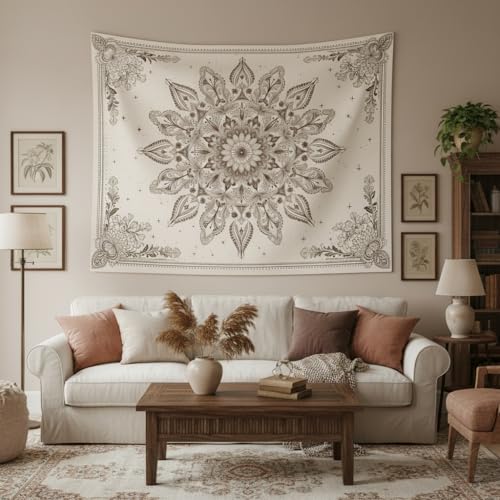 Motanber Floral Mandala Tapestry Wall Hanging Boho Beige Tapestry Aesthetic Bohemian Flower Cute Small Tapestries for Bedroom Living Room Dorm Wall Decor 60 x 44 Inch - color: Beige White, size: 60"L x 44"W