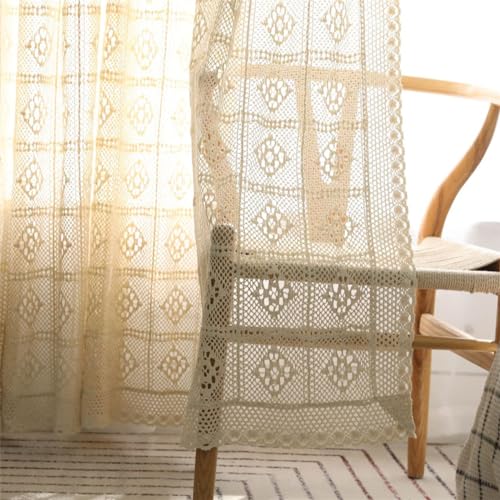 Boho Curtains for Living Room Retro Cotton Crochet Curtains for Girls Room Farmhouse Knitted Lace Curtain Panels for Bedroom Rod Pocket Hollow Sheer Window Drapes for Doorway 1 Panel W59 X L87 Inch - size: 59"W x 87"L (Pack of 1)