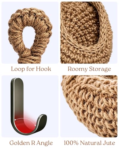 6 Pack Boho Wall Hanging Fruit Baskets, Kitchen Hanging Fruit Basket with 6 Pcs Hooks, Handwoven Teardrop Home Storage for Fruits, Vegetable, Potato