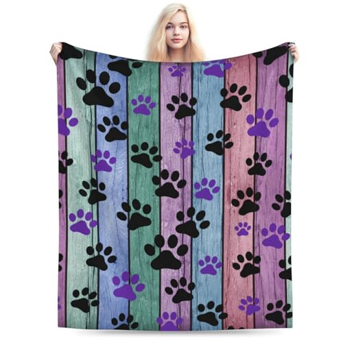 HGOD DESIGNS Dog Paw Throw Blanket Rustic Rainbow Woodgrain Black and Purple Dog Paw Soft Blankets and Throws 50x60 Inch Caring for Women Men - color: Dog Paw, size: 50x60 inch