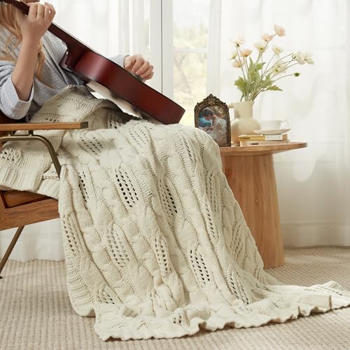 Amélie Home Chunky Knit Throw Blanket, Dual-Sided Soft Chenille Breathable Cable Knitted Blanket for Couch, Farmhouse Decorative Throw for Sofa & Chair, 60"x80", Ivory - color: Ivory, size: Cable Knit 60"x80"