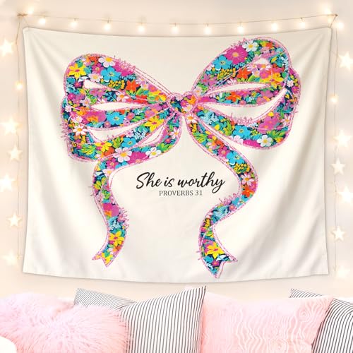 Lacama Coquette Bow Christian Tapestry, Cute She is Worthy Flower Tapestry Decorative for Teen Girls Room Bedroom College Dorm Apartment, College Dorm Decor, 50x60 Inches - color: She is worthy