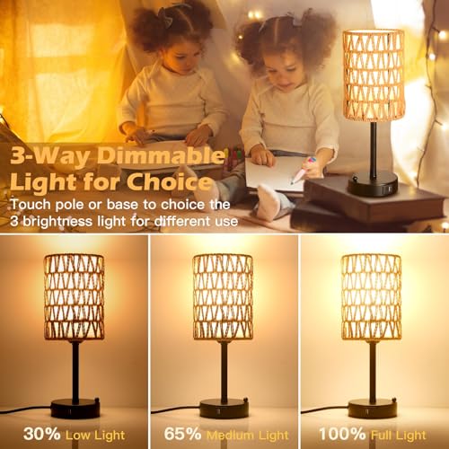 Rattan Table Lamps for Living Room, 3 Way Dimmable Touch Lamps, Small Bedside Lamps with LED Bulbs, Phone Stand, USB Ports and AC Outlet, Boho Nightstand Lamp for Kids Room, Bedroom, Office (1 Pack) - size: 1 Pack Rattan