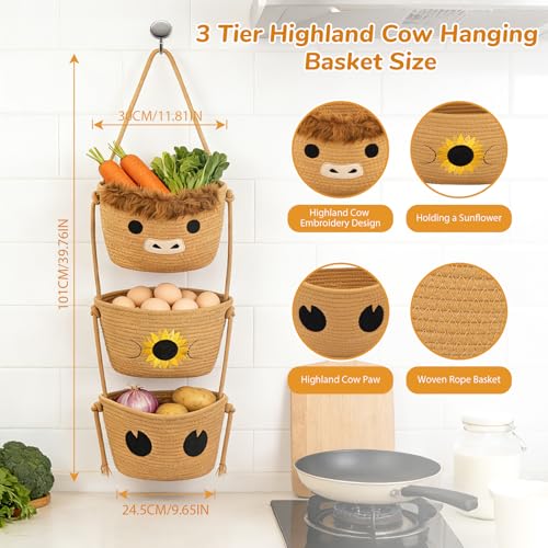 3 Tier Hanging Highland Cow Fruit Basket-Woven Cotton Wall Basket, Hanging Oval Produce Over Door Decorative Vegetable Gift Storage 0rganizer Bin for Kitchen, Bedroom, Bathroom, Nursery - color: Beige