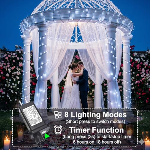 White Christmas Lights Outdoor, 66FT 200 LED String Lights for Outside Waterproof with 8 Modes, Plug in Connectable Christmas Tree Lights Indoor House Patio Garden Party Wedding Decorations - color: White, size: 66FT 200 LED