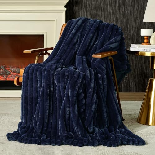 Amélie Home Faux Fur Throw Blanket for Couch, Cozy Fuzzy Fluffy Fur Luxurious Soft Striped Plush Gift Blankets for Family Sofa Chair Bedroom, 55"x70", Navy Blue - color: Striped Navy Blue, size: Throw(55"x70")