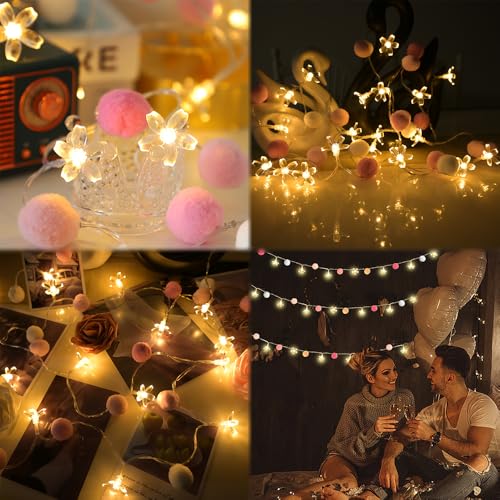 9.85Ft Fairy Lights 20 Cute Pink Pompoms 20 LEDs Cherry Blossom String Garland Battey Operated with Timer Flower Lights for Bedroom Kids Room Party Birthday Wedding Valentines Decoration - style: Pink-Cherry Blossom