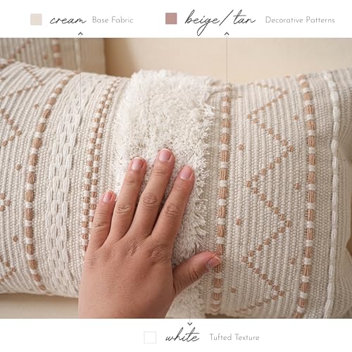 BlissBlush 18X18 Throw Pillow Cover, Cream Neutral Beige Square Decorative Cushion Cover, Boho Accent Pillowcase with Tufted Details and Tassels for Couch Sofa Living Room(Cover Only) - color: Beige, size: 18" x 18" (Pack of 1)