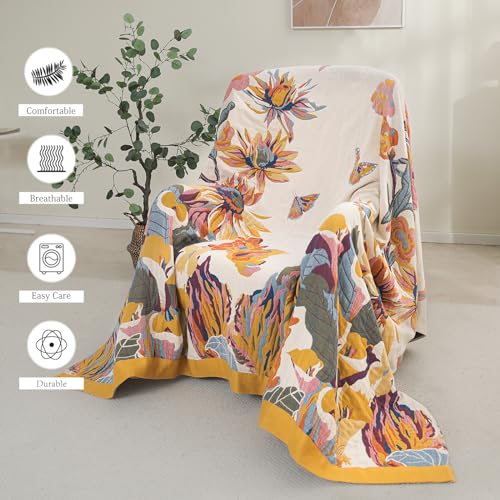 Boho Cotton Throw Blanket - Large Soft All-Season Quilt with Rustic Floral Design for Bed and Couch, Suitable for Living Room and Farmhouse Decor (Flower-Butterfly, Throw (50" x 60")) - color: Flower-butterfly, size: Throw (50" x 60")