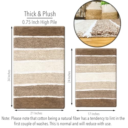Chardin home Cordural Stripes Bath Mat, Set of 2 Bath Rugs (17x24 Inches & 21x34 Inches) | Non Slip Bathroom Rug, Machine Washable, Plush, Highly Absorbent | Tan - Brown - color: Tan - Brown