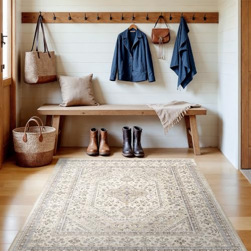 4X4 Square Rug for Living Room - Washable Kitchen Area Rug with Non Slip Rubber Backing for Bedroom Indoor Soft Stain Resistant Carpet Desk Rug for Pet-Friendly and Kitchen Decor Beige/Gray - color: Beige/Gray, size: 4' x 4' (Square)