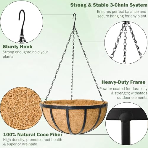 4 Pack 14 Inch Round Hanging Basket with Coco Liners， Metal Hanging Baskets for Plants Outdoor， Hanging Planter with Chain Garden Products for Outdoor, Porch, Lawn, Garden - size: 14 Inch
