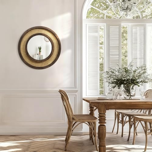 JJUUYOU Circle Wall Mirror with Retro Wood Frame Round Rattan Mirrors Decorative for Bedroom Living Room Bathroom Entryway Hallway Hanging 16 Inch - color: Round Mirror-dark Brown, size: 16"L x 16"W