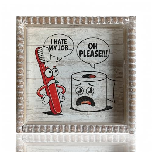 Boho Farmhouse Wooden Framed Bathroom Decor Signs, Funny Restroom Decorative Plaque Small Cute, Toilet Rules Shelf Decoration (I Hate My Job) - color: I Hate My Job