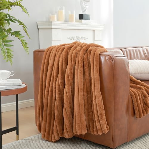 Amélie Home Faux Fur Throw Blanket for Couch, Cozy Fuzzy Fluffy Fur Luxurious Soft Striped Plush Gift Blankets for Family Sofa Chair Bedroom, 55"x70", Orange Brown - color: Striped Fall Orange Brown, size: Throw(55"x70")