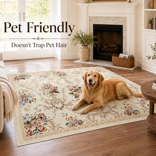 Helthep 5x7 Vintage Floral Area Rug, Washable Low Pile Rug for Living Room, Pet Friendly Easy Clean Non Slip Rug, Soft Farmhouse Boho Rug for Bedroom Dining Room Home Office - color: White, size: 5' x 7' (Rectangular)
