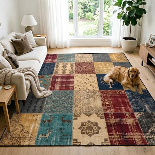 Vintage Boho Area Rugs for Living Room 2x3ft Distressed Geometric Rug, Bohemian Multi-Color Patchwork Rug, Retro Ethnic Rugs Non-Slip Washable Carpet for Bedroom Farmhouse Decor - color: Multi-color Patchwork, size: 2' x 3' (Rectangular)