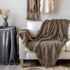 GLORY SEASON 100% Cotton Throw Blanket in Brown Jacqard Weave Fabric with Fringe Soft All Season Cover for Bed Couch and Living Room Sofa,Chair 50x60 Inches - color: Brown