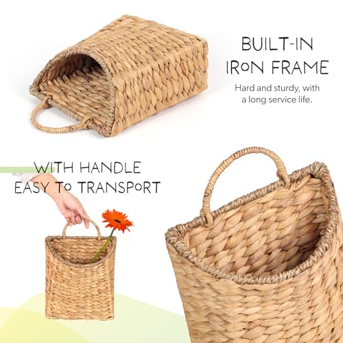 Woven Hanging Water Hyacinth Baskets, Hanging Wall Wicker Basket, Handmade Organizer Baskets, Hanging Flower Basket for Shelves, Walls, Doors, Balconies, Front of House, Garden, Farmhouse, Home. - color: Light Brown