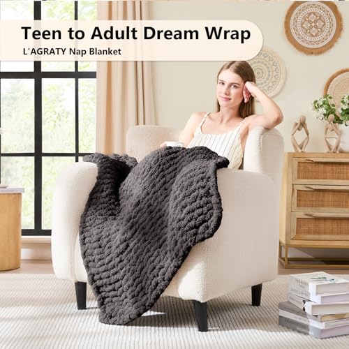 L'AGRATY Chunky Knit Blanket Throw - Soft Chunky Throw Blanket 30x40: 100% Hand Kintted Chenile Crochet Throw Blanket for Couch - Large Cable Knit Chunky Blanket for Home Decor(Dark Grey) - color: Charcoal Grey, size: 30"x40"