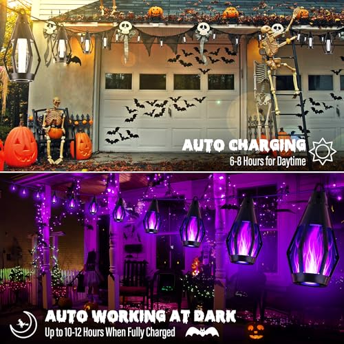 iBaycon Solar Halloween Lights, 27Ft 10 LED Bulbs Flickering Flame String Light, Outdoor Waterproof Solar Flame Lights for Garden Yard Patio Halloween Decorations (Purple) - color: Purple, size: 27FT