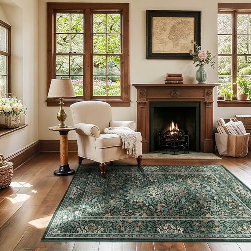 3x5 Floral Washable Area Rug for Living Room, Vintage Boho Rugs for Bedroom Dining Room, Botanical Birds Non Slip Low Pile Forest Throw Carpet for Farmhouse Office, Retro Green/Blue - color: Dark Green (Larger Pattern), size: 3' x 5' (Rectangular)
