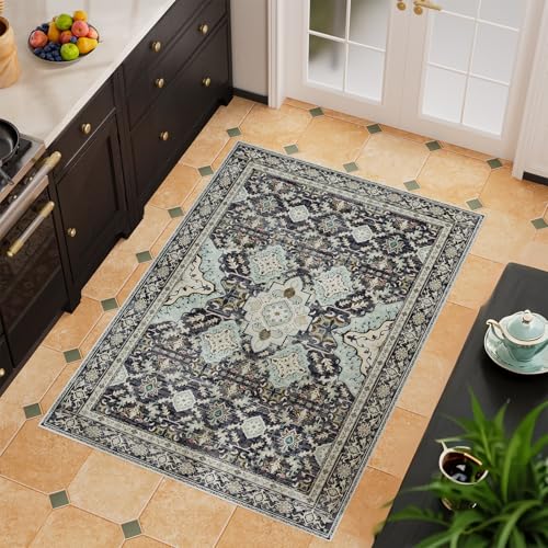 AMTOVO 2x3 Washable Entryway Area Rug Door Mat, Vintage Boho Distressed Print Pattern Non-Slip Carpet, Small Throw Rug for Indoor Entrance Kitchen Bedroom Bathroom Laundry Floor, Grayish Blue - color: Grayish Blue, size: 2' x 3' (Rectangular)