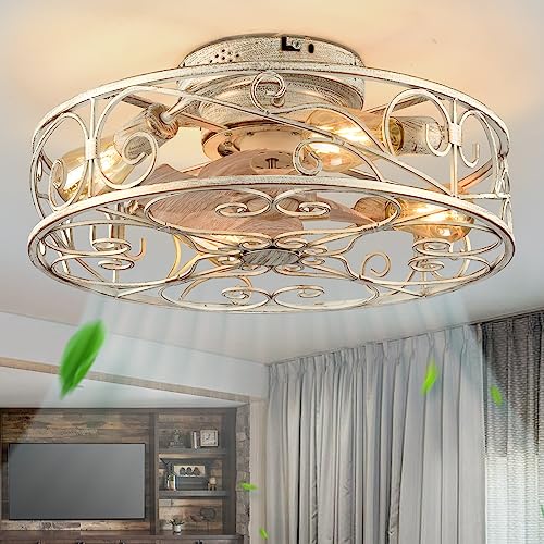 20" Caged Ceiling Fans with Lights and Remote, Bladeless Ceiling Fan 6 Speed Reversible with 4 Bulbs and Remote Control,Flush Mount Caged Ceiling Fan for Bedroom, Living Room, (Include Bulbs) - color: White brushed gold(with light bulb)