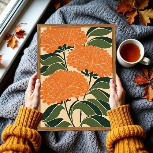 Framed Boho Floral Wall Art, Vintage Orange Flower Canvas Wall Decor Pictures, Mid Century Modern Abstract Botanical Paintings Prints Maximalist Home Decor for living Room Bedroom Office 12x16 inch - color: Orange Flower, size: 16"L x 12"W