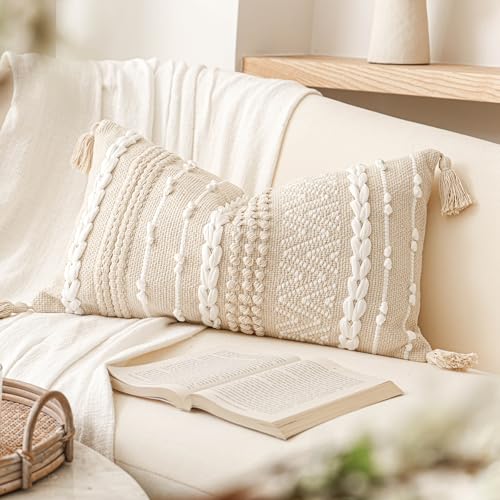 BlissBlush Decorative Lumbar Pillow Cover 14x24, Cream White Boho Accent Throw Pillow Case for Couch Sofa Bed, Modern Farmhouse Textured Lumbar Cushion Bedroom Living Room, Cover ONLY - color: Cream White, size: 24" x 14" (Pack of 1)