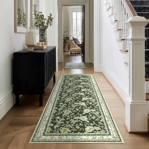 Olive Green Floral Print Area Rugs for Bedroom Living Room Boho Farmhouse Country Rustic Dining Room Carpet Soft Washable Rugs Non Slip Floor Covering for Nursery Playroom 2x6 - color: Sketch Floral Olive Green, size: 2' x 6' (Rectangular)