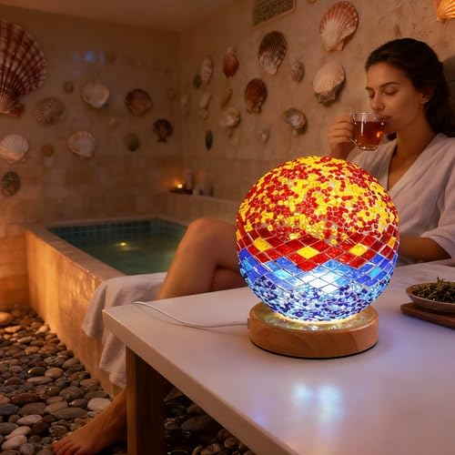 Mediterranean Mosaic Table Lamp Tiffany Style Lights USB Power Dimmable Ambient Lighting Spa Corner/Massage Room Decor Colored Coastal Bedside Lamp for Bedroom(5V 4.72"*5.31") - style: Mediterranean Orange