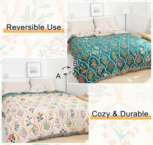 Boho Throw Blanket 60"x80", 100% Cotton Muslin Blankets for Couch Bed Sofa Chair, 4-Layer Soft Cozy Quilt Travel Blanket with Floral, Farmhouse Decor,All Seasons(White&Blue) - color: Lantern Grid