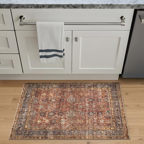 Bloom Rugs Washable Non-Slip 2' x 3' Rug - Terracotta/Mustard Traditional Oriental Area Rug for Living Room, Bedroom, Dining Room, and Kitchen - Exact Size: 2' x 3' - color: Terracotta / Mustard, size: 2' x 3' (Rectangular)