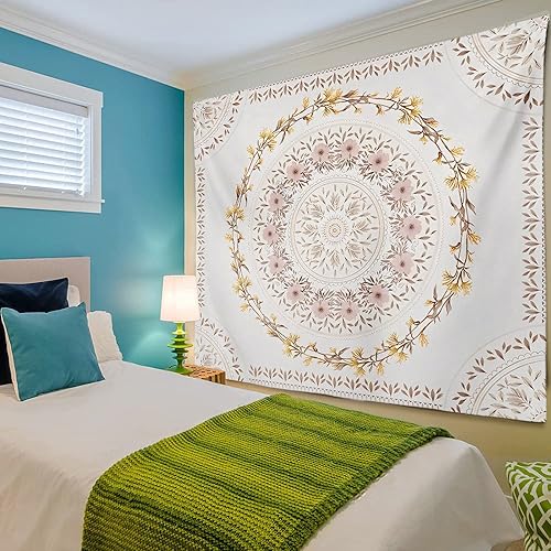 Orange Bohemian Tapestry Wall Hanging, Mandala Floral Medallion Hippie Tapestry with Light Brown Aesthetic Wreath Design, Cream Wall Decor Blanket for Bedroom Home Dorm